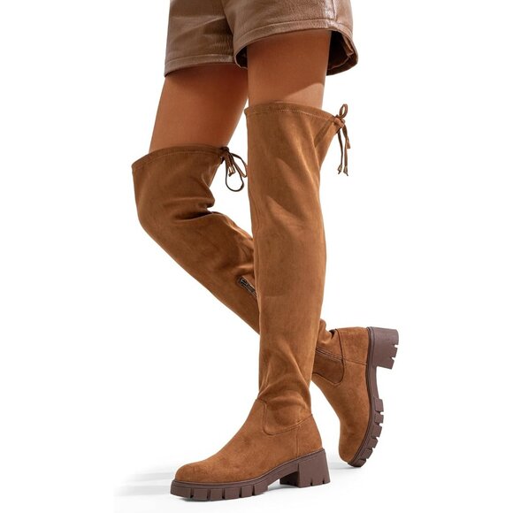 Women's Platform Boots-990-camel Over The Knee Thigh High Round Toe Long Boot - Picture 5 of 8
